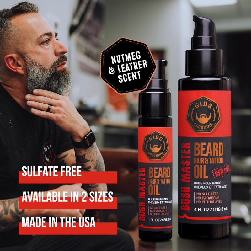GIBS Grooming Bush Master Beard, Hair & Tattoo Oil- All-Natural with Nutmeg, Leather, Vanilla & Musk Scent- Softens & Strengthens Beard Growth, Moisturizes Skin, 4 Oz. - Image 5